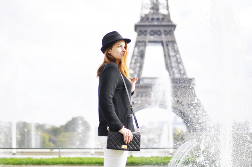 paris, eiffel tower, black and white outfit